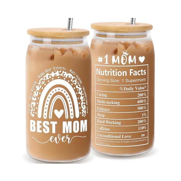 Other - New “Best Mom Ever” Glass Cup With Bamboo Lid With Metal Straw & Brush